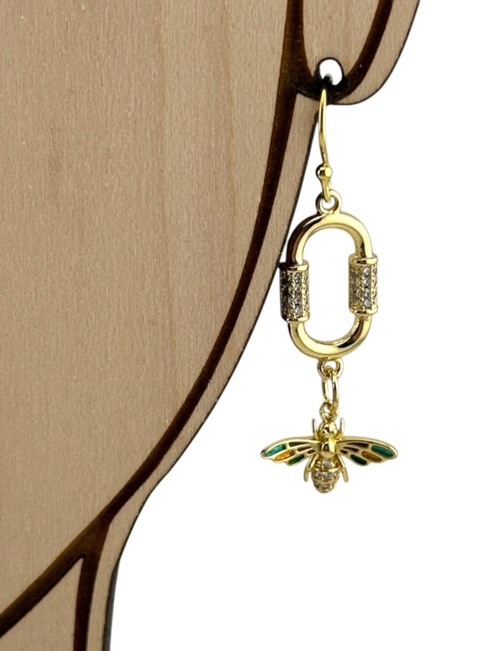 Gold Filled Bee Earrings Paperclip CZ Enamel Dangle Handmade 18KT - Picture 3 of 13